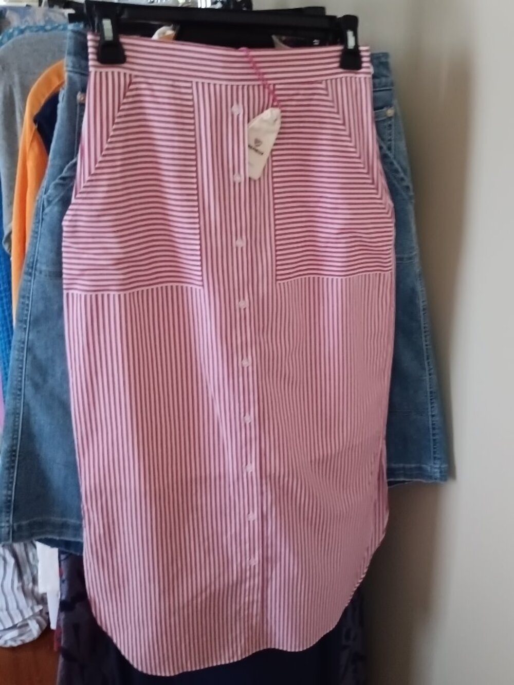 NWT Red & White Striped Button Front Midi Cotton Skirt USA Size 0